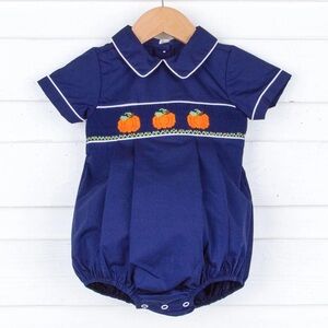 Navy Pique Smocked Pumpkins Collared Boys Bubble 3M Classic Whimsy Fall‎ Autumn